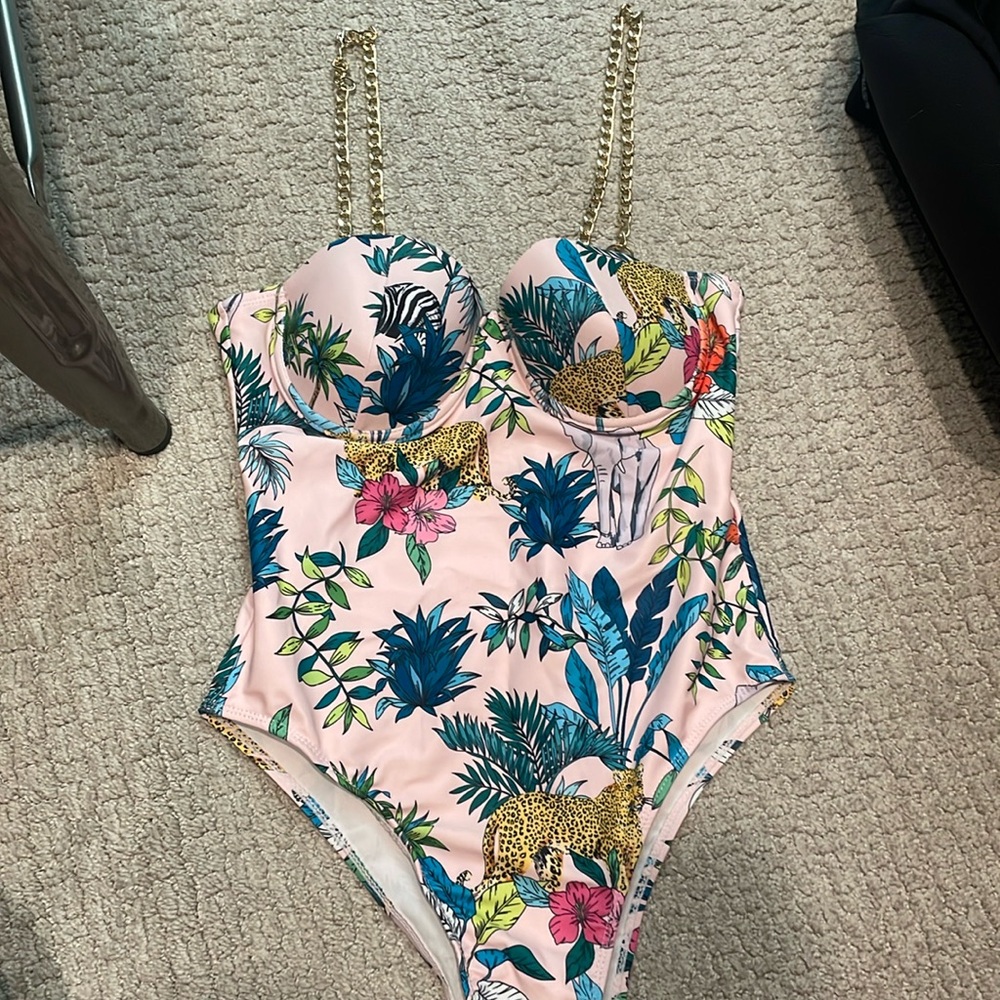 Pink floral print one piece swim suit gold chain straps M medium
